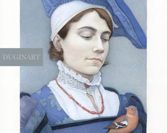 GIRL WITH A BIRD - original graphic work by Olga Dugina