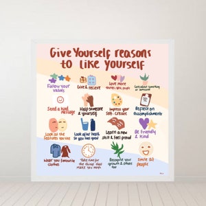 Zelfzorg, zelfliefde, zelfhulp, gevoelens, emoties, tracker, grafiek, ideeën, positiviteit, geestelijke gezondheid, handgemaakte kunstprint