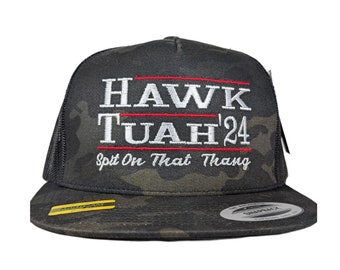 HAWK TUAH '24 Spit On That Thang. Yupoong Black Camo Hat with Black Mesh Back Snapback adjustable Flat bill Embroidered Cap