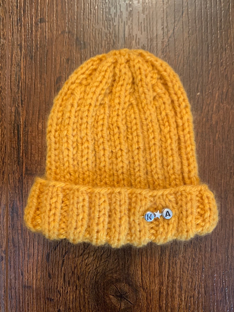 Mustard Hand knitted personalised baby hat