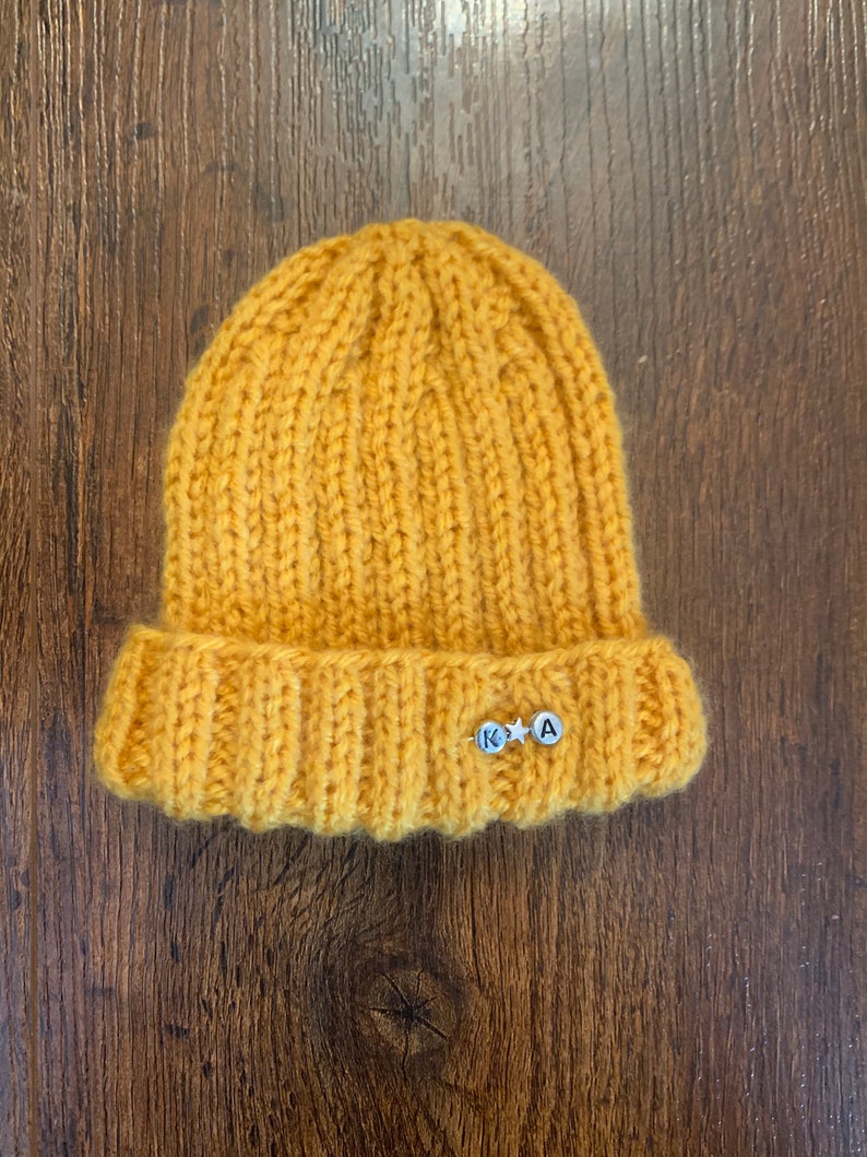 Mustard Hand knitted personalised baby hat