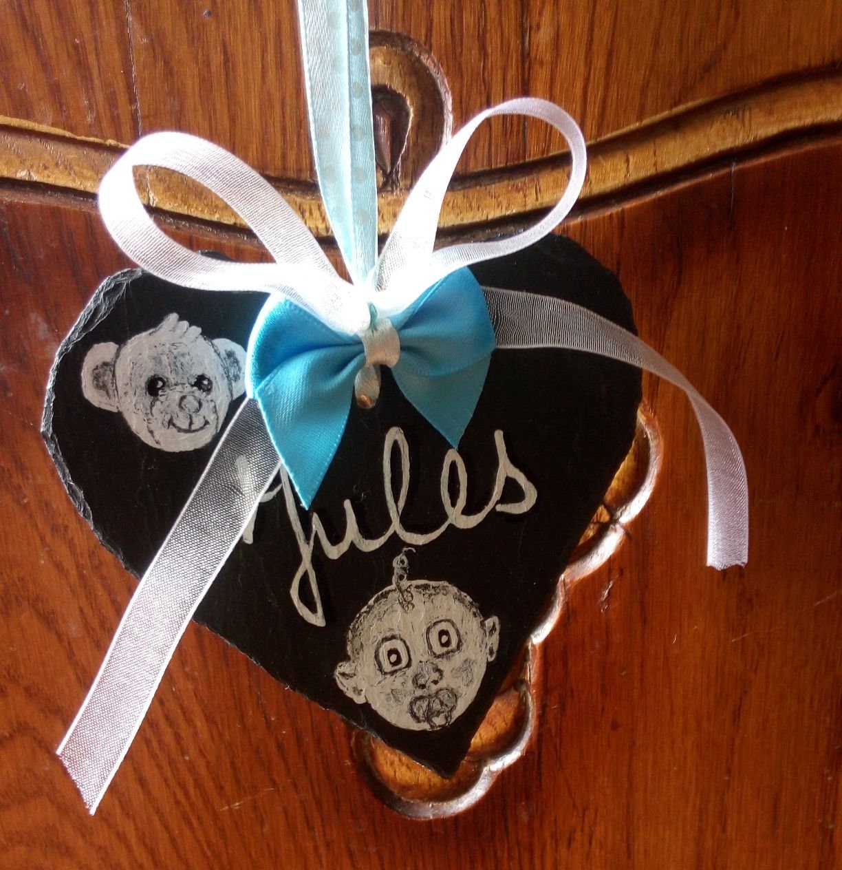 Cadeau de Naissance, Peinture sur Ardoise, Décorative, Coeur en Naissance Garçon, Fille