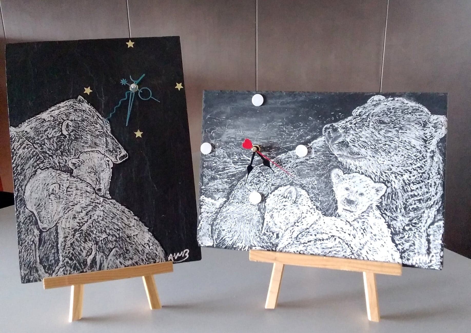 Peinture Horloge sur Ardoise, Peinture Famille Ours, Acrylique, Ardoise Naturelle, Portrait Animalie