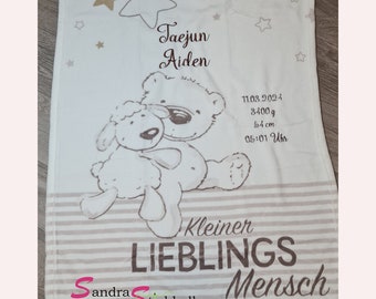 Babydecke mit Namen bestickt / Geschenk zur Geburt / Babygeschenk / Decke mit Geburtsdaten