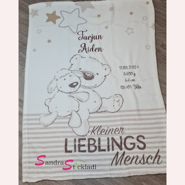 Babydecke mit Namen bestickt / Geschenk zur Geburt / Babygeschenk / Decke mit Geburtsdaten