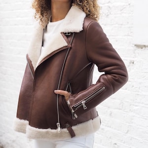 Shearling Leather Pilot Jacket in Brown - Etsy