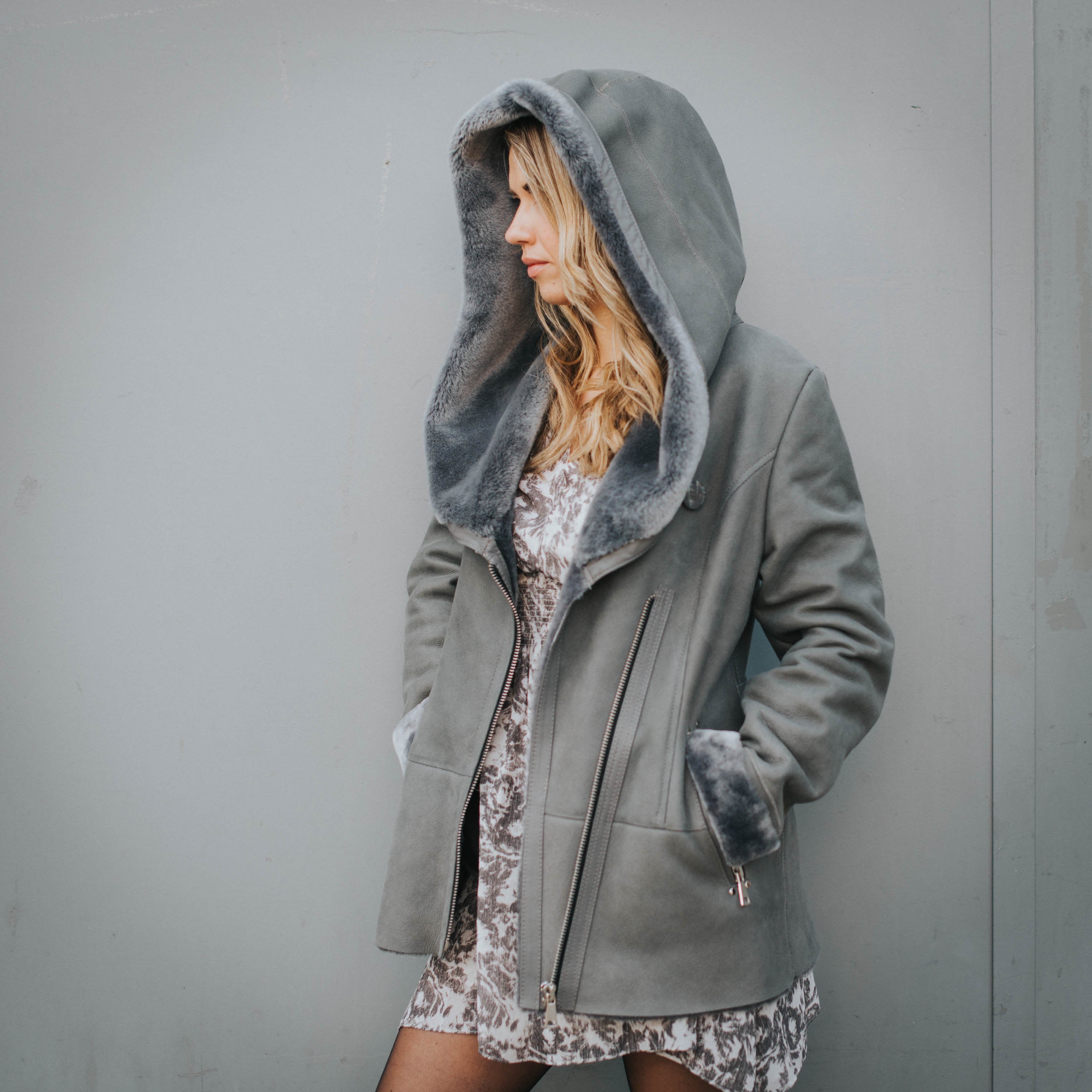 Grey shearling cheap coat womens