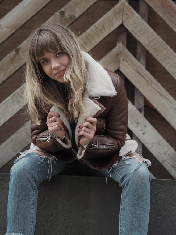 Shearling Leather Pilot Jacket in Brown - Etsy