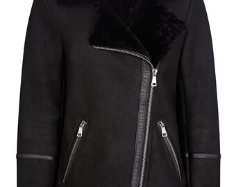 Shearling Leather Oversized Aviator Jacket in Black - Etsy