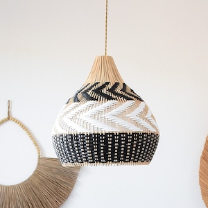 Rattan Pendant Lampshade HULUA BLACK | Suspension Parasaol Straw Lampshade | Kitchen Island Lighting | Wicker Chandelier | Boho Lamp Shade