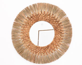 Handmade decorative woven mirror made from seagrass and banana bark | Accent round mirror | Boho mirror with fringe | Natural fiber mirror