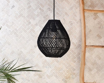 Handmade Rattan Pendant Light LEMBEH BLACK | Woven Plug In Pendant Light | Boho Light Fixture | Kitchen Island and Bedroom Lighting