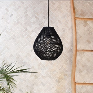 Handmade Rattan Pendant Light LEMBEH BLACK | Woven Plug In Pendant Light | Boho Light Fixture | Kitchen Island and Bedroom Lighting