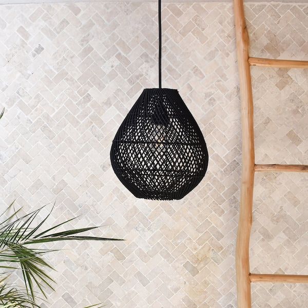 Handmade Rattan Pendant Light LEMBEH BLACK | Woven Plug In Pendant Light | Boho Light Fixture | Kitchen Island and Bedroom Lighting