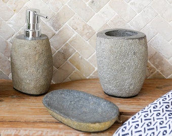 River stone bathroom accessories set, natural stone hand soap dispenser with bronze or silver pump, toothbrush holder, soap dish