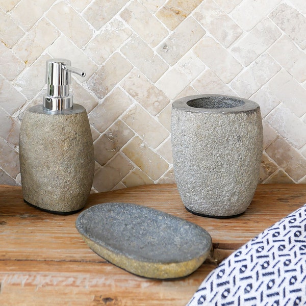 River stone bathroom accessories set, natural stone hand soap dispenser with bronze or silver pump, toothbrush holder, soap dish