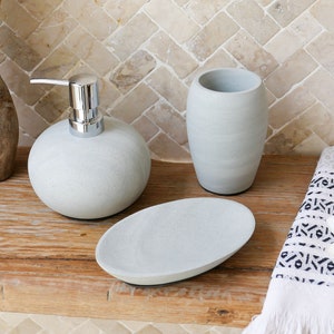 Zeolite stone bathroom accessories set, oval shaped liquid soap dispenser with silver or bronze pump, toothbrush holder, soap dish