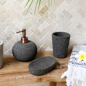 Lava stone bathroom accessories set, natural stone hand soap dispenser with bronze pump, toothbrush holder, soap dish