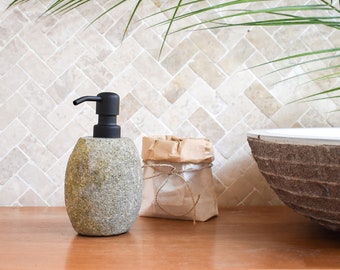 River stone liquid soap dispenser, natural stone hand soap dispenser available with silver or bronze pump