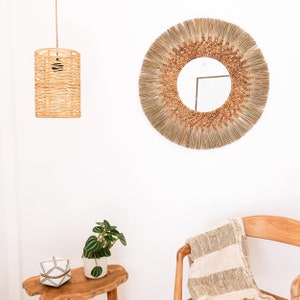 Handmade decorative woven mirror made from seagrass and banana bark | Accent round mirror | Boho mirror with fringe | Natural fiber mirror