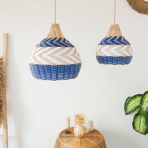 Handmade Rattan Lampshade HULUA BLUE | Wicker Pendant Lamp | Rustic and Farmhouse Lighting | Straw Handwoven Chandelier | Boho Hanging Light