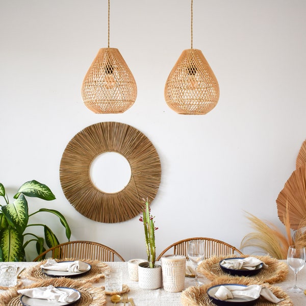 Handmade Rattan Lampshade LEMBEH | Wicker Pendant Plug In Lighting | Bohemian Chandelier| Bedside Lamp | Kitchen Island Light Shade Fixture