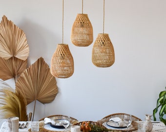 Handmade Rattan Pendant Lamp Shade Maluku | Dinner Table Lighting | Plug In Pendant Bedroom Lamp  | Bedside Lamp | Boho Light Fixture