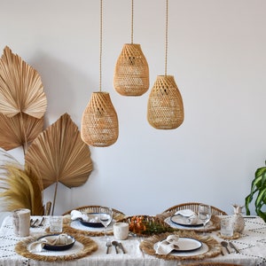 Handmade Rattan Pendant Lamp Shade Maluku | Dinner Table Lighting | Plug In Pendant Bedroom Lamp  | Bedside Lamp | Boho Light Fixture