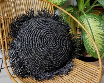 SUNDA black - raffia pillow cover, seagrass bohemian throw pillow cover, handmade accent jute pillow case, Round straw pillow