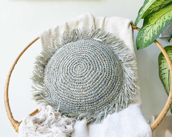 SUNDA TURQUOISE round fringed pillow cover - boho decorative pillow - bohemian throw pillow - raffia pillow case - jute pillow cover