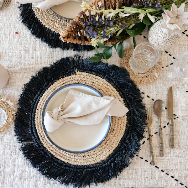 Raffia fringed placemat 003  black | Natural Boho Wedding table decor |  Shabby chich mats | Fringed table charger | Natural wicker pads