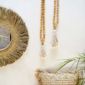 Wood bead garland with macrame tassel, boho decor tassel, rustic decorative hanging beads, farmhouse garland