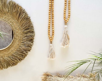 Wood bead garland with macrame tassel, boho decor tassel, rustic decorative hanging beads, farmhouse garland