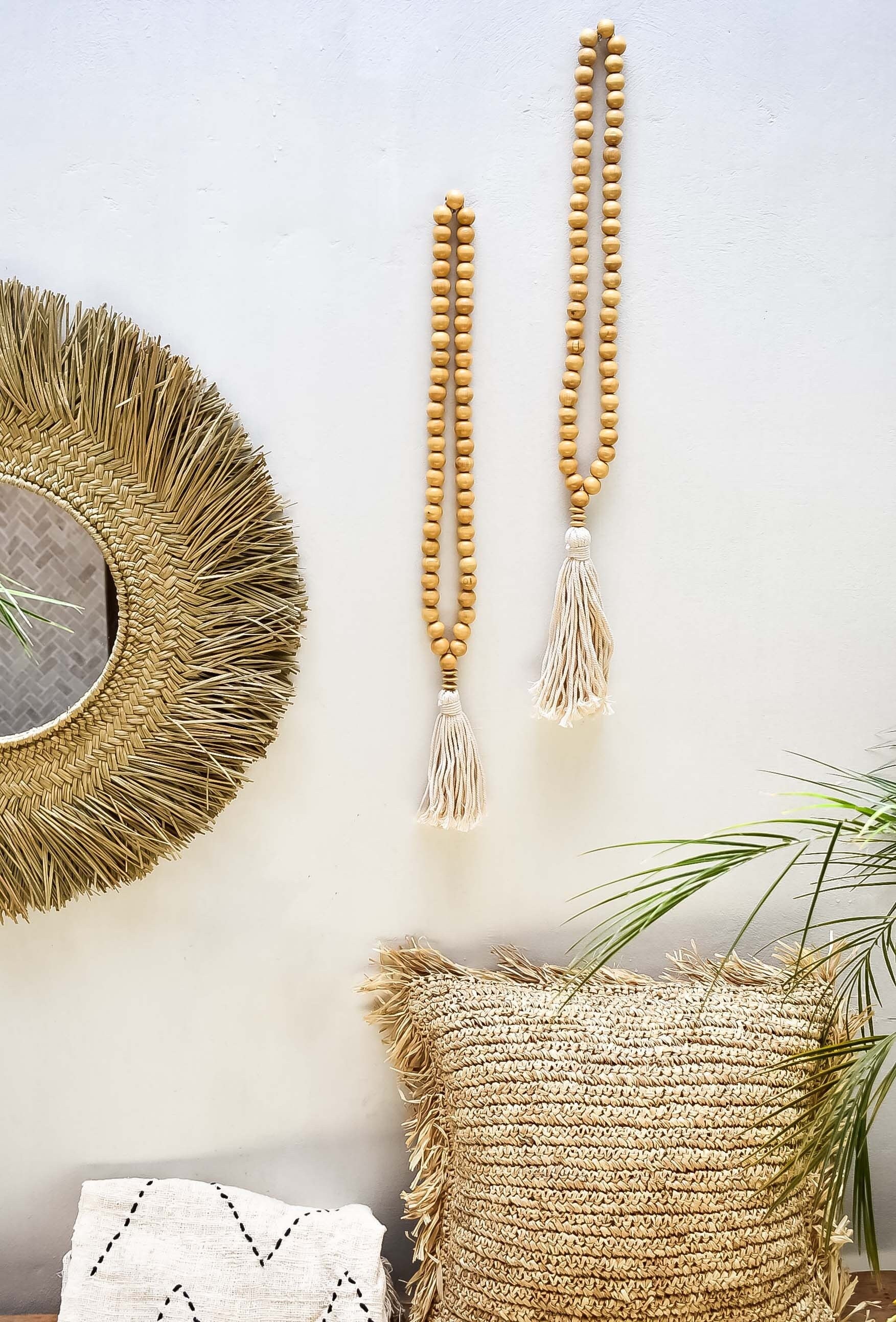 Wood bead garland with macrame tassel, boho decor tassel, rustic decorative hanging beads, farmhouse garland
