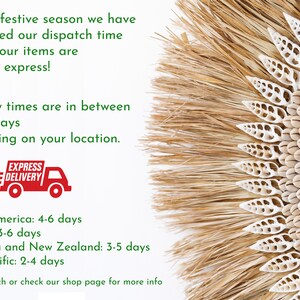 May include: A close-up of a natural woven wreath with white seashells. The wreath is decorated with a variety of seashells, including cowrie shells and scallop shells. The wreath is surrounded by a fringe of natural fibers. The text "EXPRESS DELIVERY" is visible in the lower left corner of the image. The text "Delivery times are in between 2 to 6 days depending on your location." is visible in the upper left corner of the image. The text "North America: 4-6 days, Europe: 3-6 days, Australia and New Zealand: 3-5 days, Asia Pacific: 2-4 days" is visible in the lower left corner of the image.