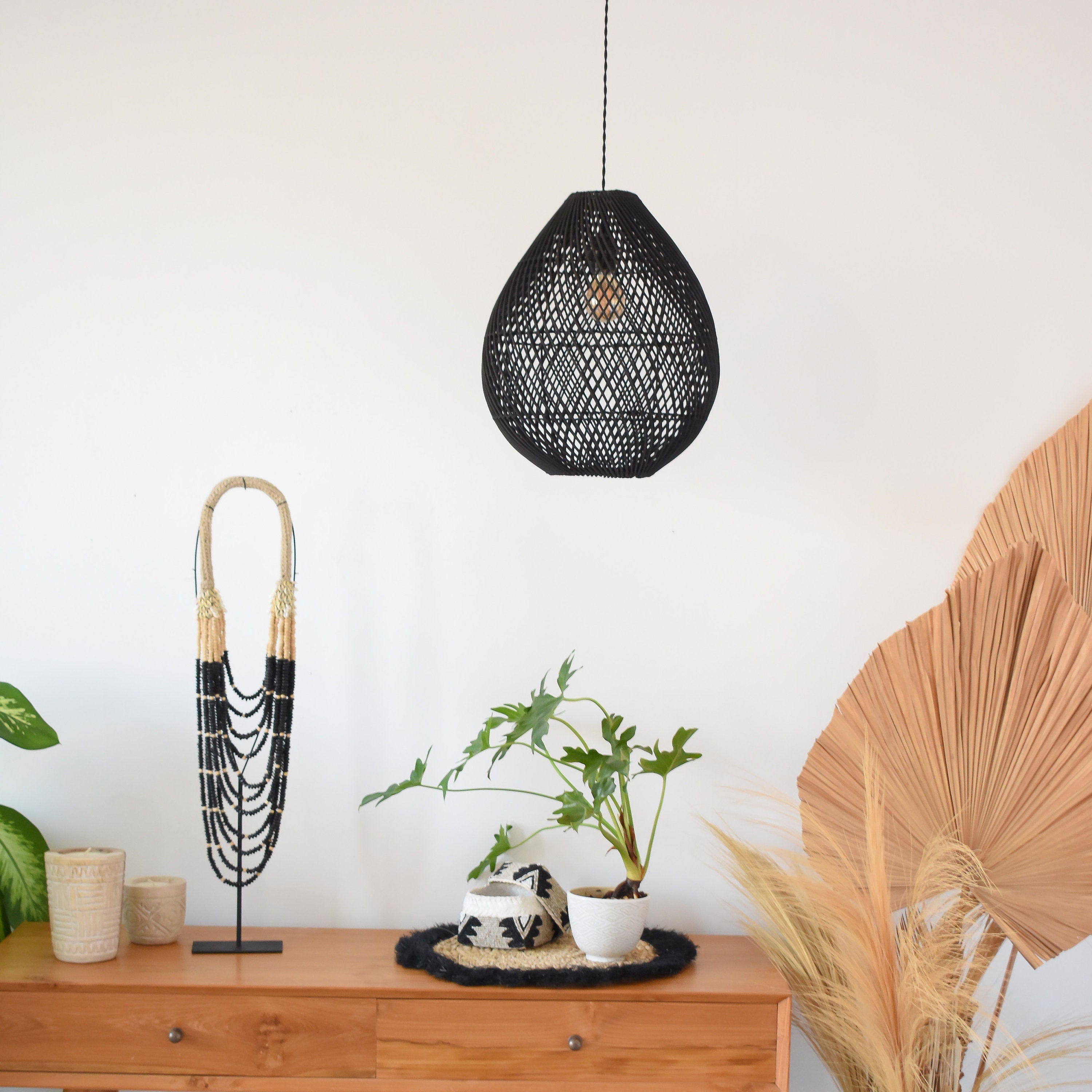 LEMBEH BLACK Rattan Pendant Light Woven 