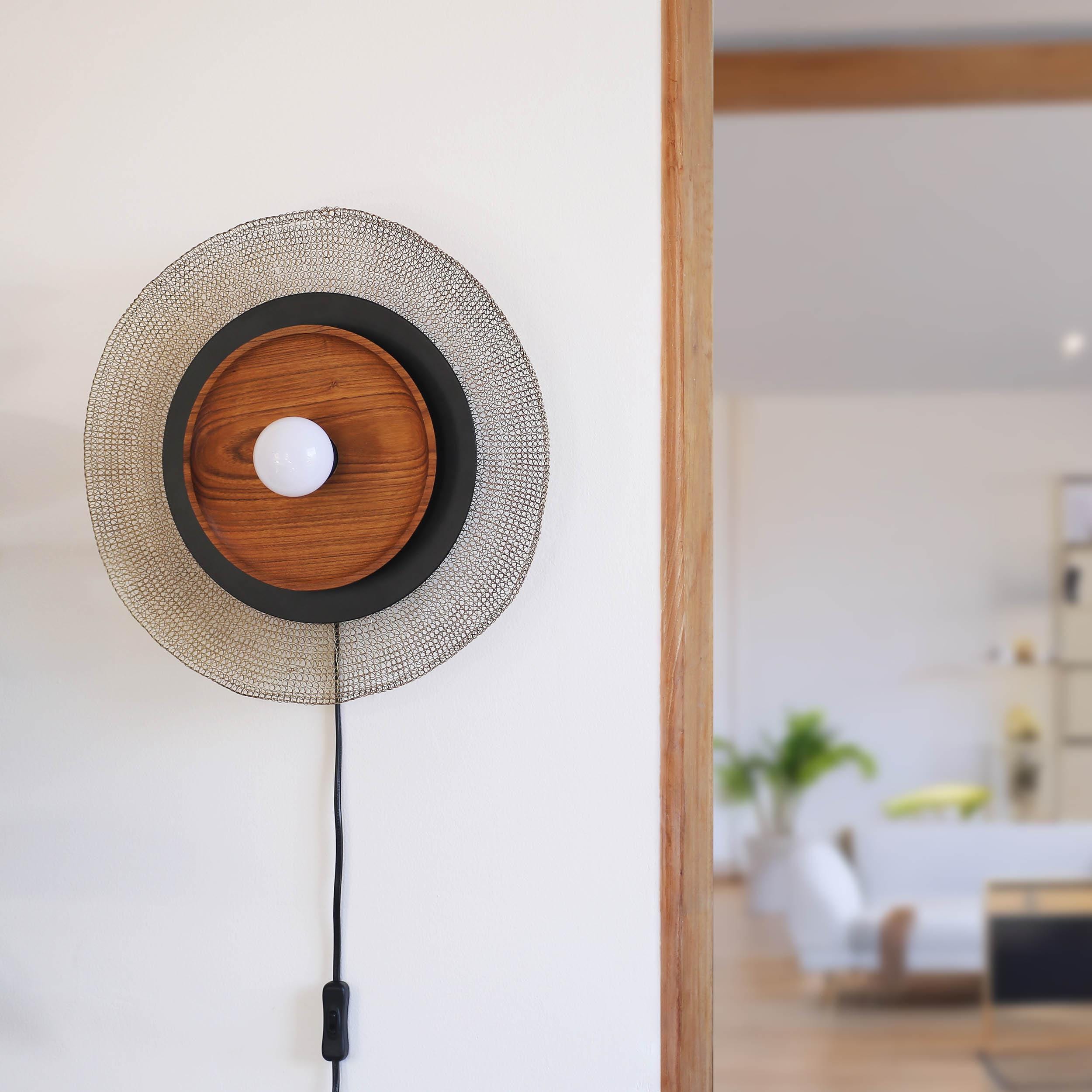 Round Sconce Plug In Light made with Gold Stainless Wire and Teak Wood | Wall Mounted Lamp | Metal Mesh Wall Sconce | Home Gift