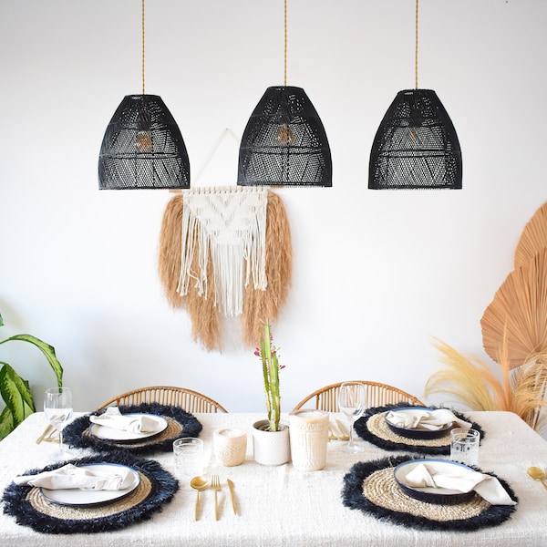 Rattan Pendant Lampshade SUMBA BLACK | Bedroom Pendant Lamp | Handmade Rattan Plug In Pendant Light Shade | Ceiling Boho Light Fixture