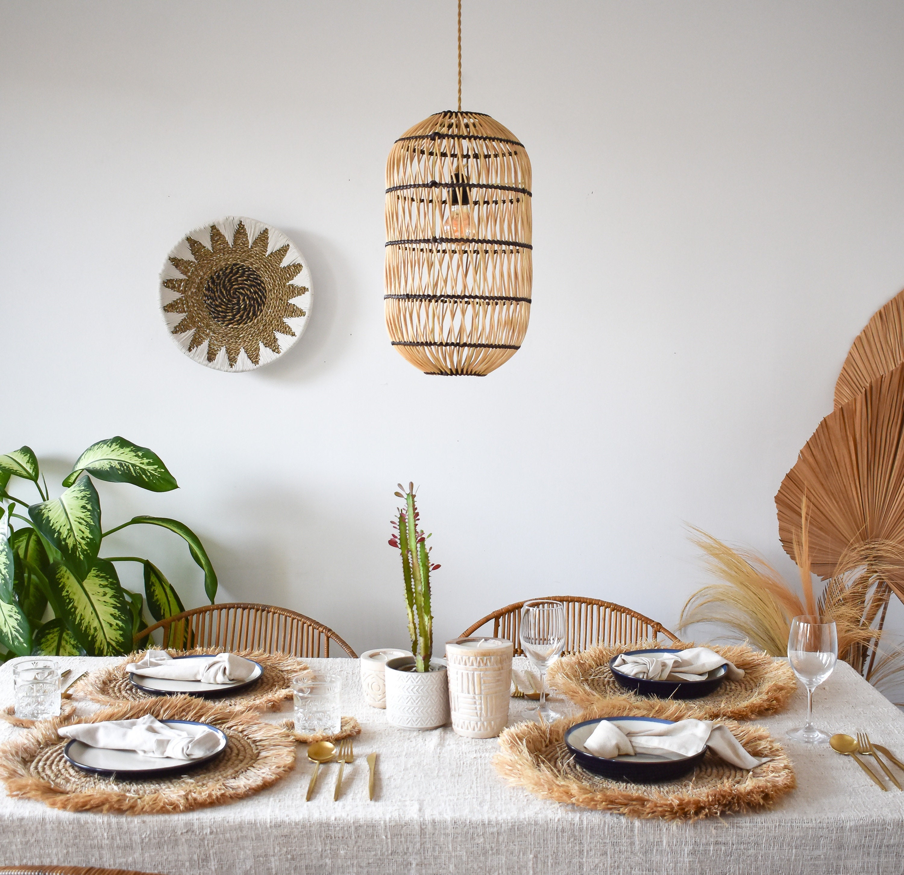 Jojofuny Lot De 4 Abat-Jour En Rotin Tissé Bambou Pendentif Fait Main - Petit Abat-Jour Tambour Pour Lustre Chambre Salon Hôtel Restaurant