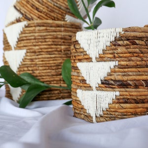 Natural fiber basket set of 3 | Banana bark and white macrame indoor planter | Decorative boho basket storage | Round handwoven wicker chest