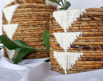 Natural fiber basket set of 3 | Banana bark and white macrame indoor planter | Decorative boho basket storage | Round handwoven wicker chest
