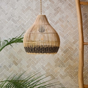 Handmade Wicker Pendant Lampshade MOROTAI DARK BROWN | Rattan Light Fixture | Boho Hanging Light | Hand Woven Chandelier | Wabi Sabi Decor