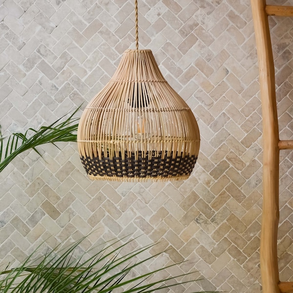 Abajur suspenso feito à mão de vime MOROTAI DARK BROWN | Luminária de vime | Luz suspensa Boho | Lustre tecido à mão | Decoração Wabi Sabi
