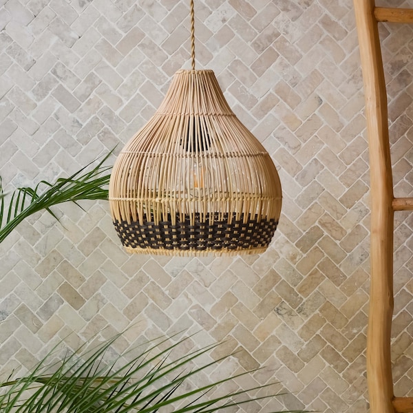 Handmade Wicker Pendant Lampshade MOROTAI DARK BROWN | Rattan Light Fixture | Boho Hanging Light | Hand Woven Chandelier | Wabi Sabi Decor