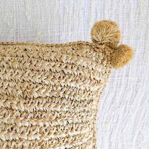 Square Raffia pillow cover with pom pom | Bohemian decorative throw pillow cover made of natural fibers | Handmade accent pillow case