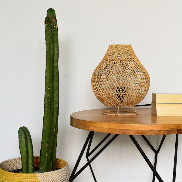 Handmade rattan table lamp shade BROMO | Woven table lamp fixture | Bohemian lampshade | Bedside lamp | Boho decor light | wood desk lamp