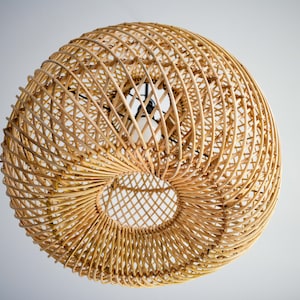 May include: A round, woven light fixture made of natural rattan with a circular opening in the center. The fixture is hanging from the ceiling and has a light bulb inside.