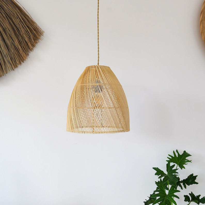 Pu&ograve; includere: Un lampadario a sospensione in vimini naturale con un paralume rotondo a forma di cupola.