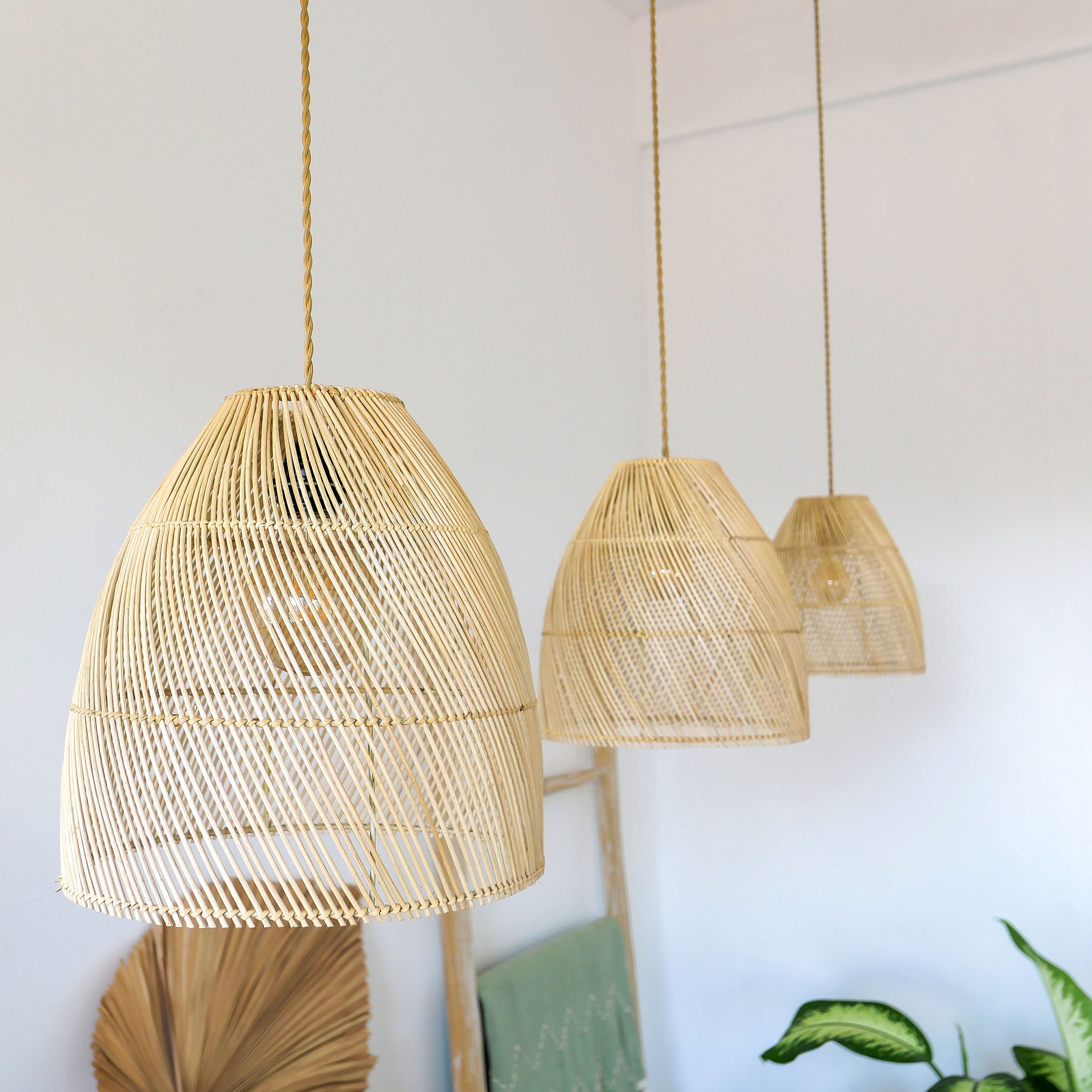 3-Pack Boho Rattan Pendant Lamp Shade – Hand-Woven Natural Wicker, 7.87” Bottom X 4.72” Height, 2.56” Top Opening, 1.61” Fitter, For Pendant Lights, Ceiling Fans, Wall Sconces, Farmhouse Decor