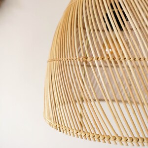 Pu&ograve; includere: Un primo piano di un paralume a sospensione in rattan intrecciato. Il paralume &egrave; realizzato in rattan naturale di colore marrone chiaro e ha una forma rotonda a cupola.